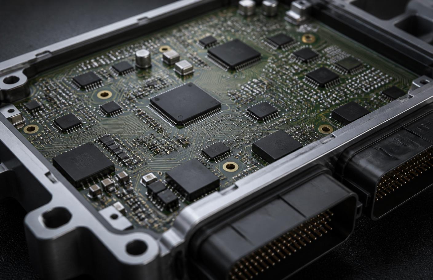 Automotive electronic control unit printed circuit board close-up.