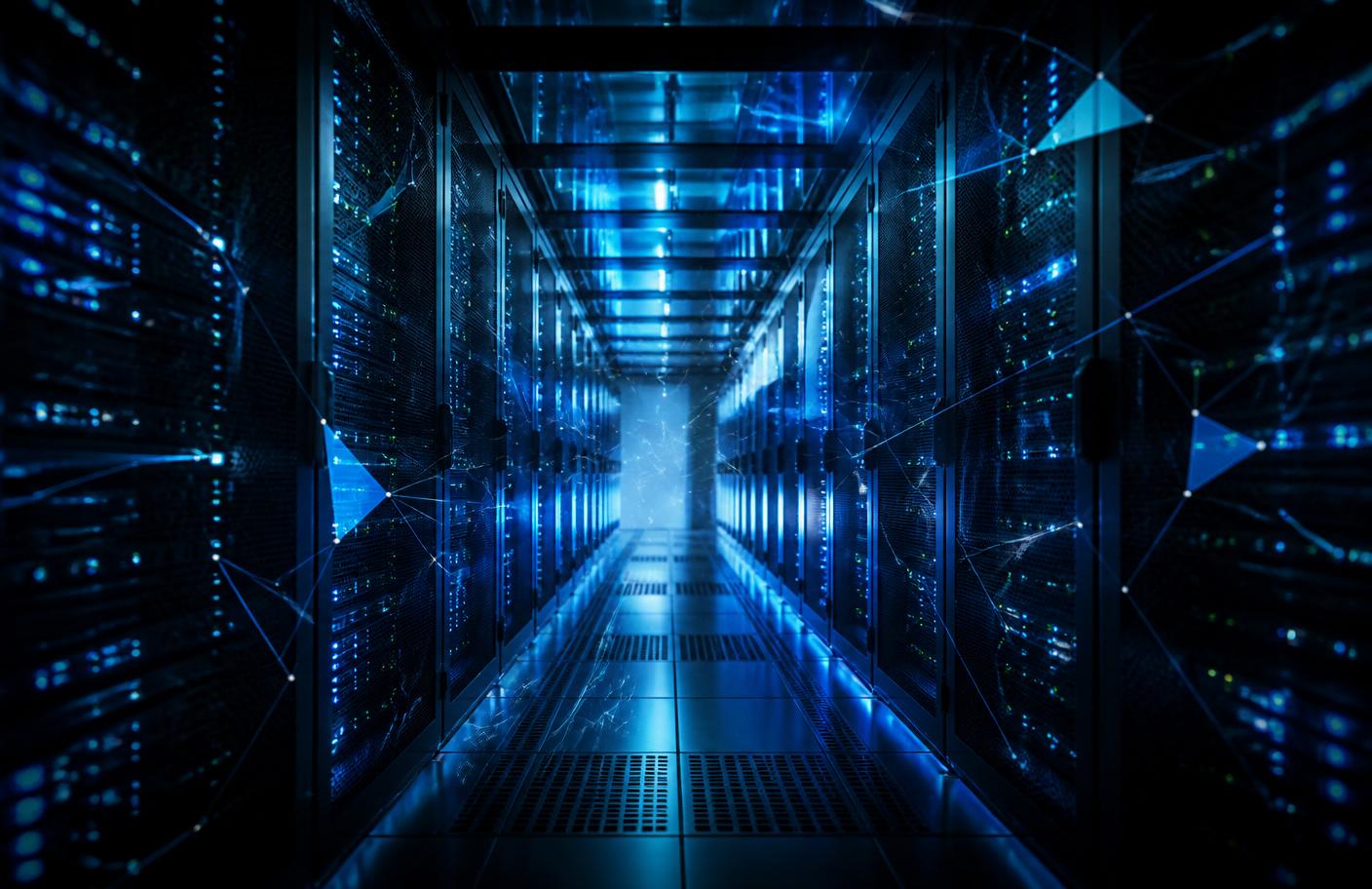 Modern data center aisle representing enterprise cloud infrastructure.