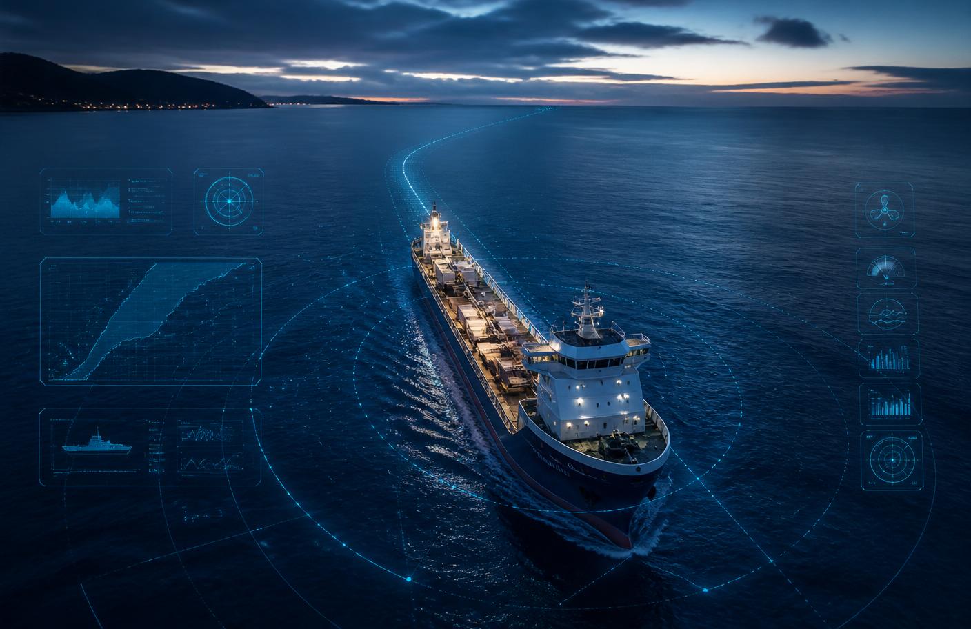 Commercial vessel at sea with navigation and fleet telemetry visualization.